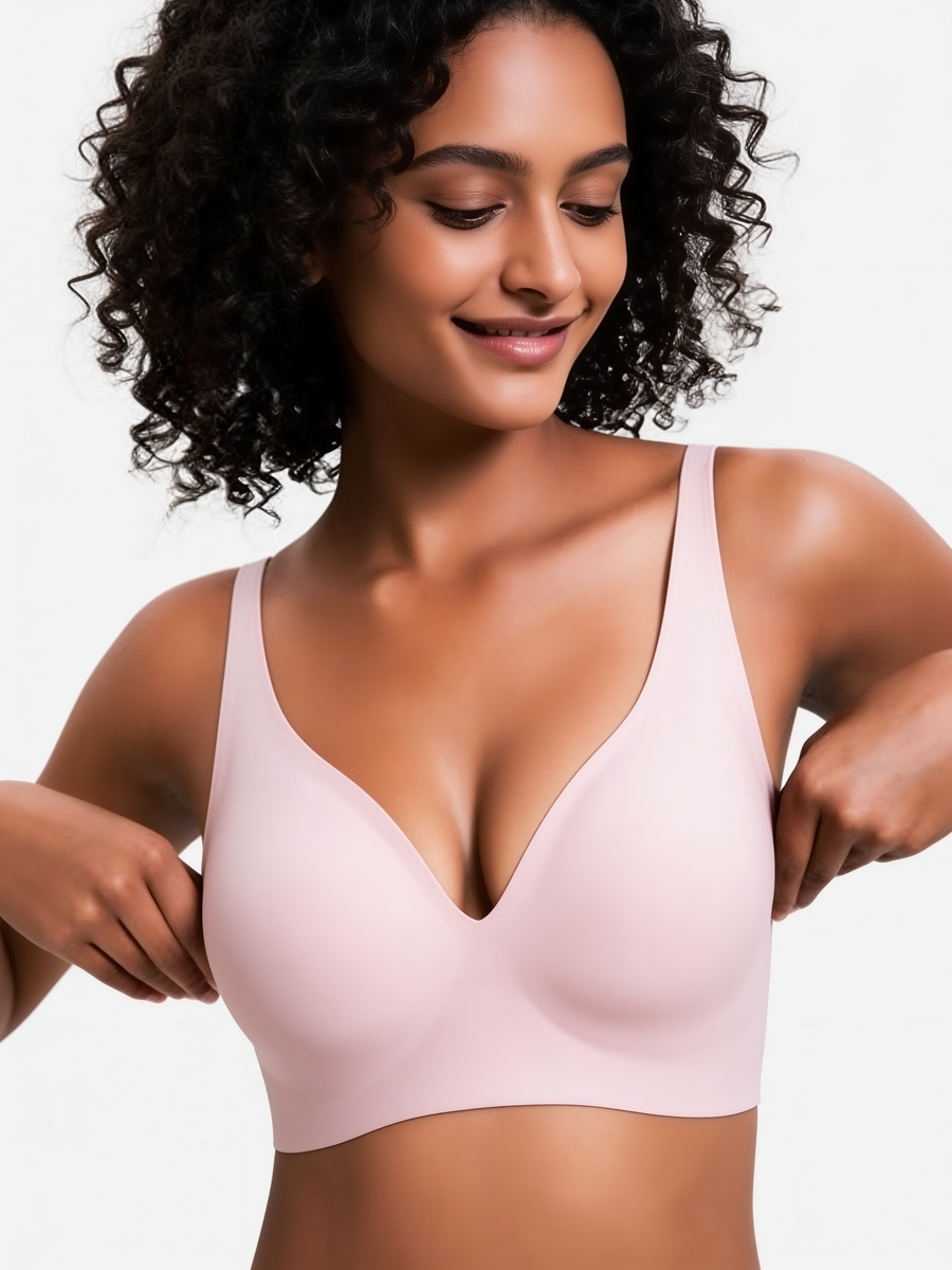 Model wearing pink wireless comfy push up bra
