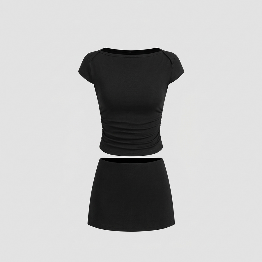 Cider 2-Piece Set in Carbon - solid black ruched top and mini skirt with built-in shorts