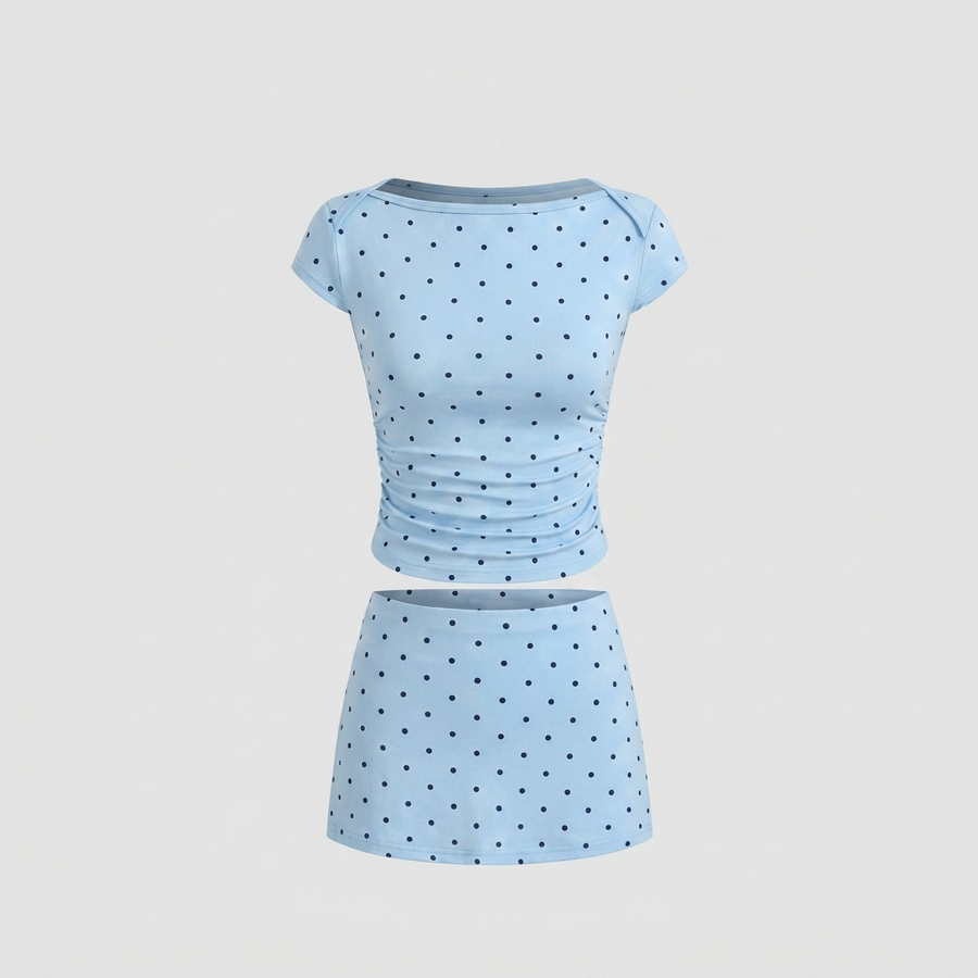 Cider 2-Piece Set in Sky Blue - polka dot ruched top and mini skirt with built-in shorts