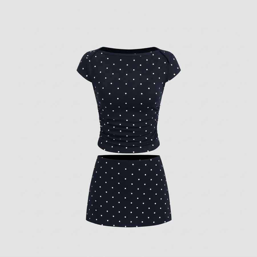 Cider 2-Piece Set in Dark Navy - polka dot ruched top and mini skirt with built-in shorts, Curve sizes