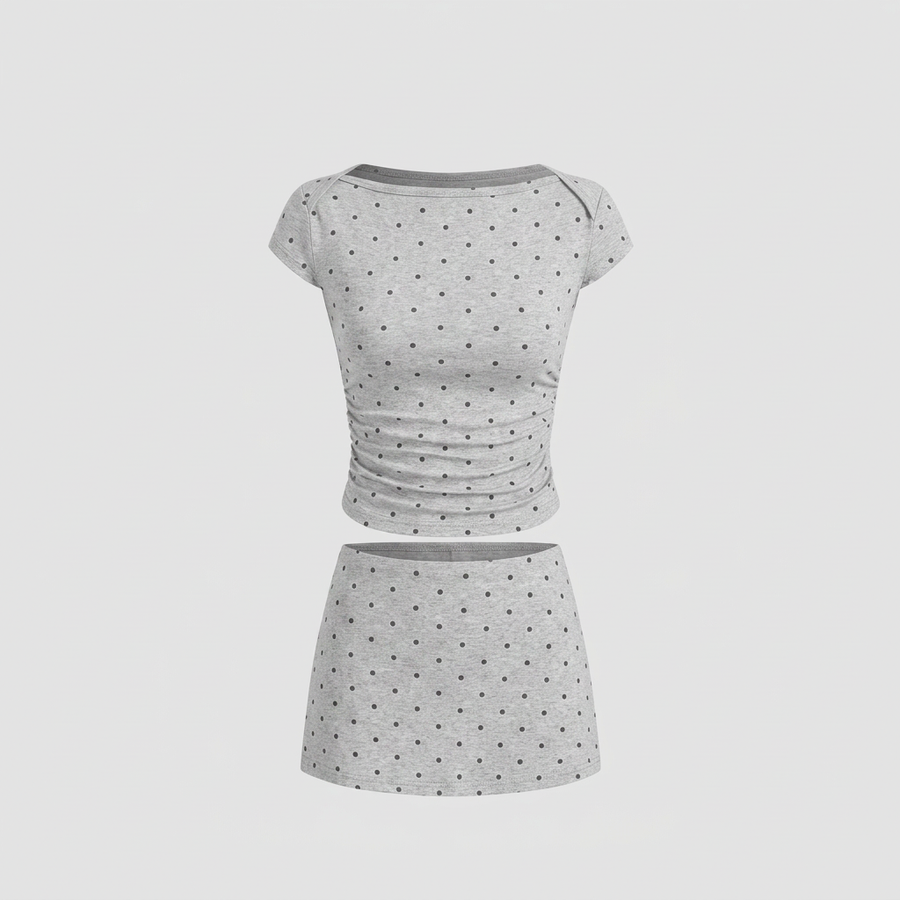 Cider 2-Piece Set in Grey - polka dot ruched top and mini skirt with built-in shorts