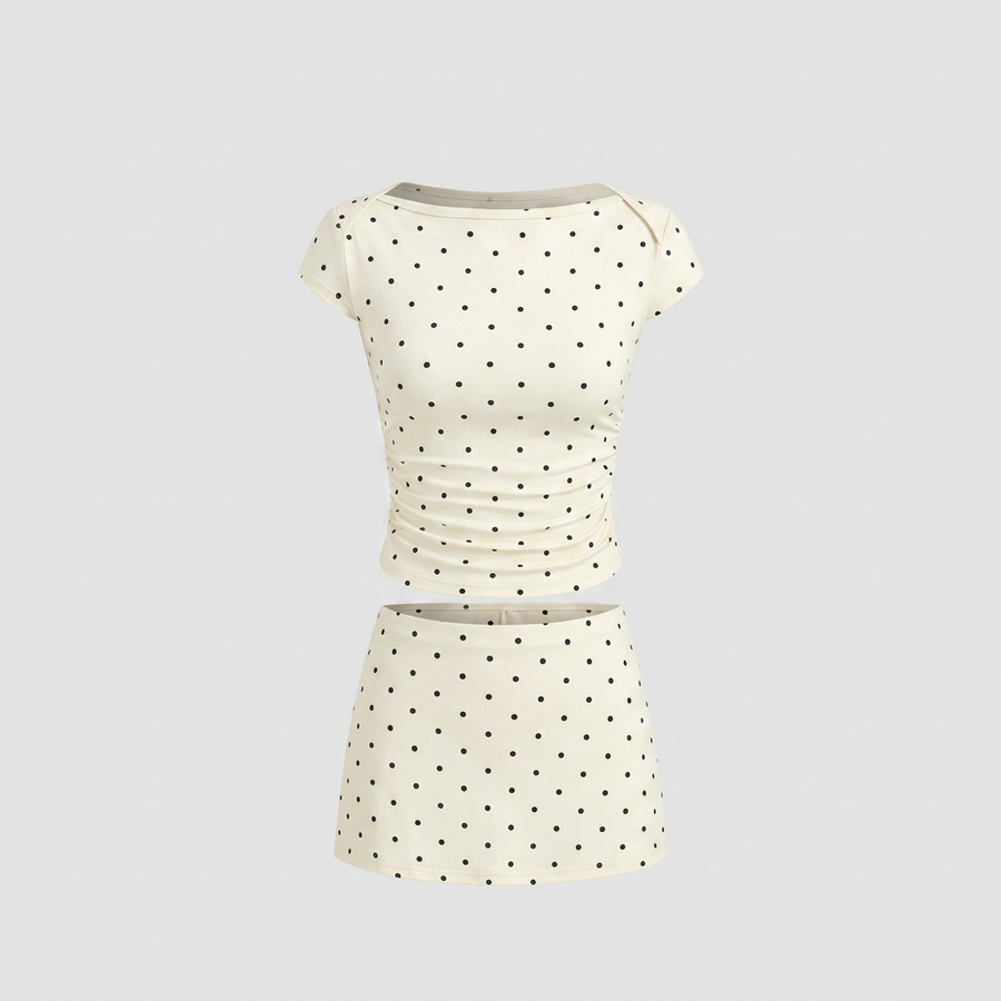 Cider 2-Piece Set in White - polka dot ruched top and mini skirt with built-in shorts